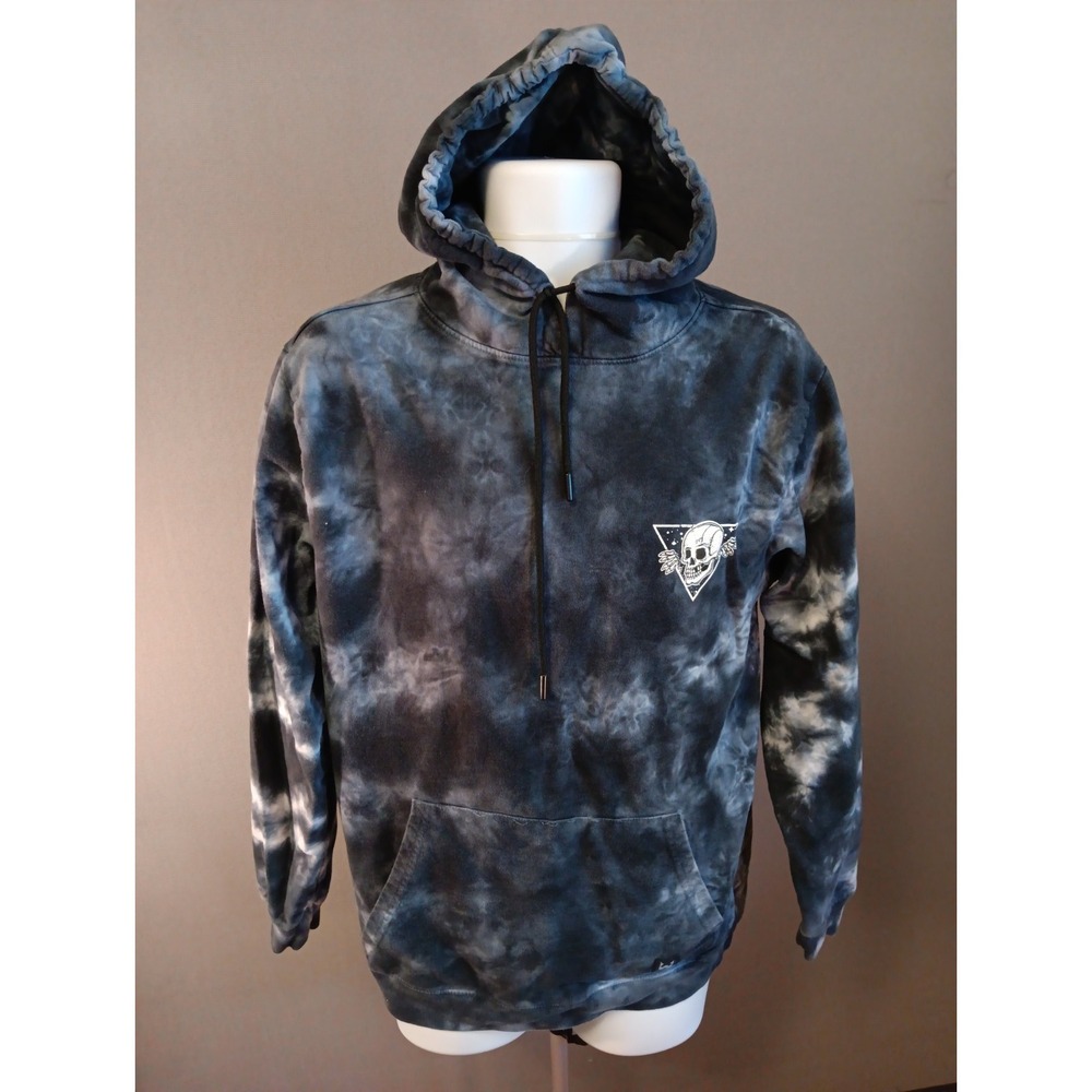 WXYZ Blue Gray White Tie-Dye Hoodie XL Happy Skull Pocket Y2K Grunge Vtg Graphic